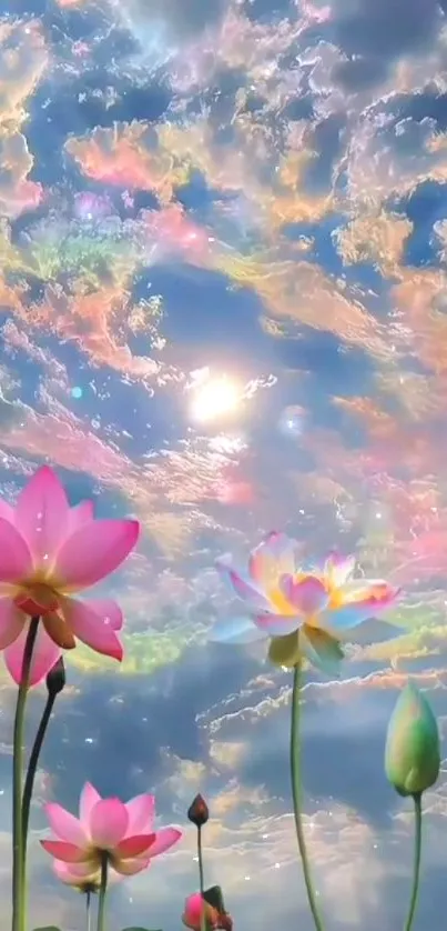 Vibrant sky with colorful clouds and blooming lotus flowers.