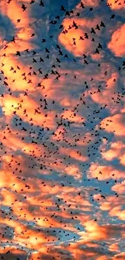 Vibrant sunset sky filled with migrating birds and vivid orange clouds.