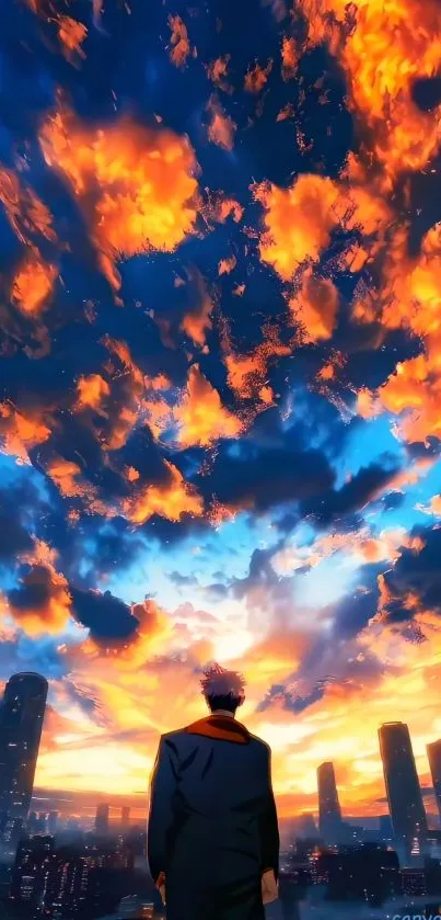 Animated skyline wallpaper with vibrant sunset clouds.