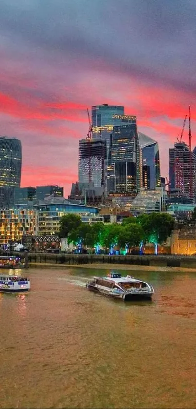 Sunset city skyline with boats on river, vibrant colors dominate the scene.