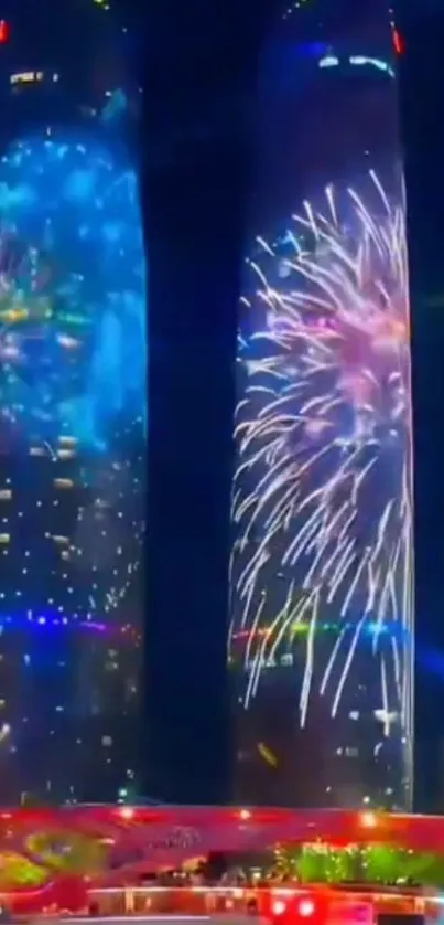 Fireworks lighting up the city skyline at night with vibrant colors.