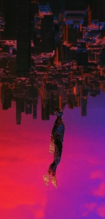 Upside-down red and blue city skyline wallpaper.