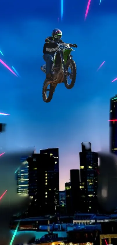Motorcycle jumps over a city skyline with vibrant streaks at twilight.