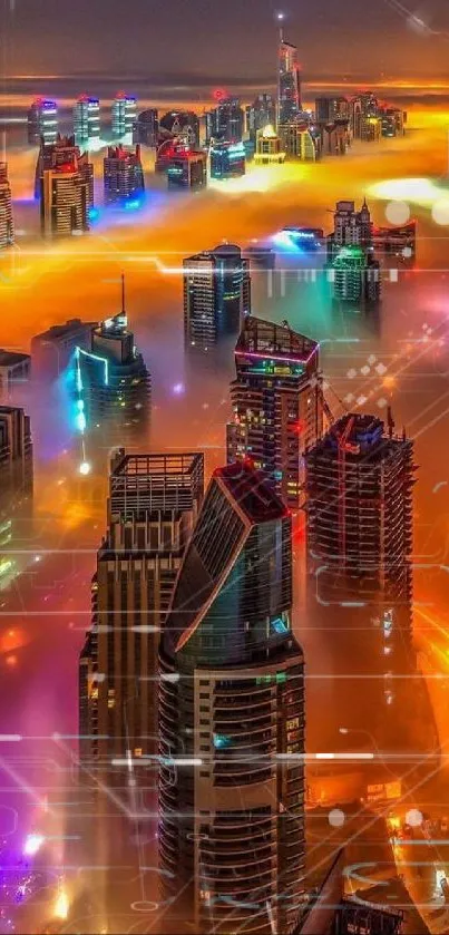 Vibrant city skyline with colorful lights and fog at night.