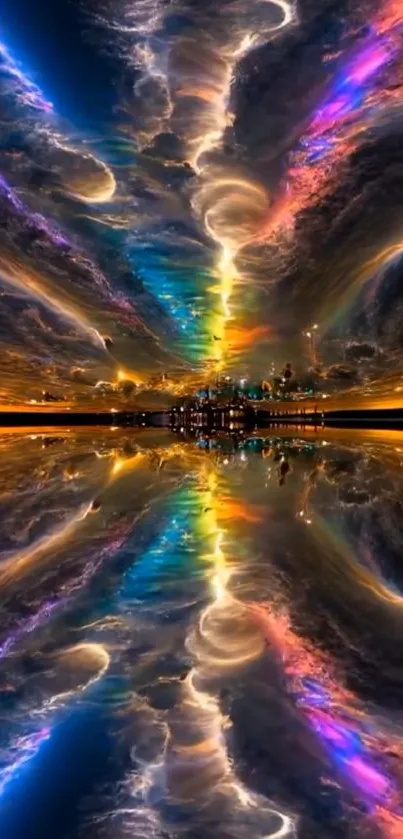 Vibrant skyline reflected in water with colorful clouds.