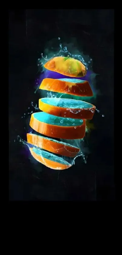 Vibrant sliced orange with water splash mobile wallpaper.