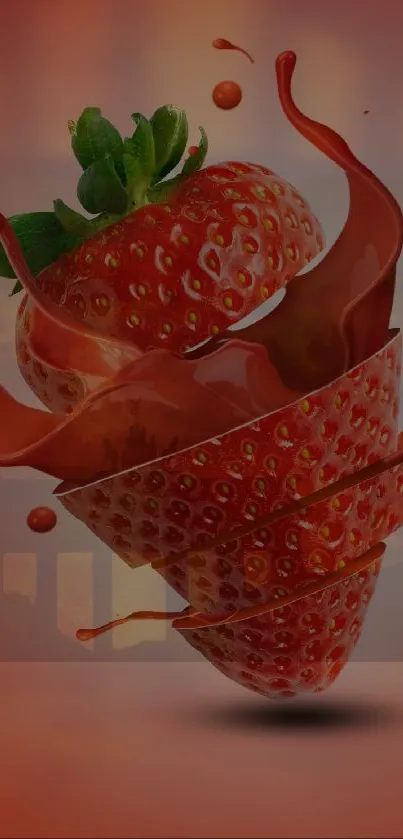 Mobile wallpaper of a sliced strawberry with swirling juice effect.