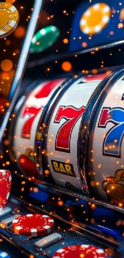 Vibrant slot machine with sevens and poker chips on a mobile wallpaper.