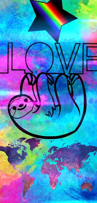 Vibrant wallpaper with sloth and love design on colorful background.