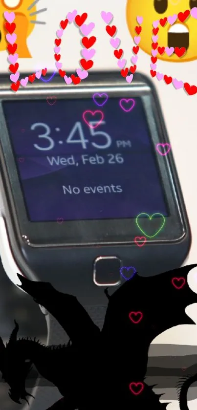 Smartwatch with heart-themed emojis and black dragon silhouette.