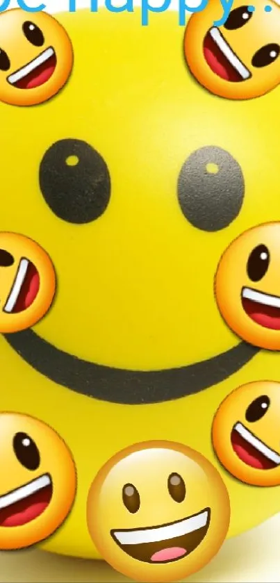 Bright yellow smiley face with multiple emojis.