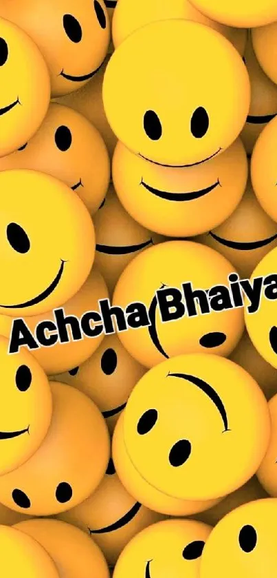 Bright yellow smiley face pattern wallpaper with text Achcha Bhaiya.