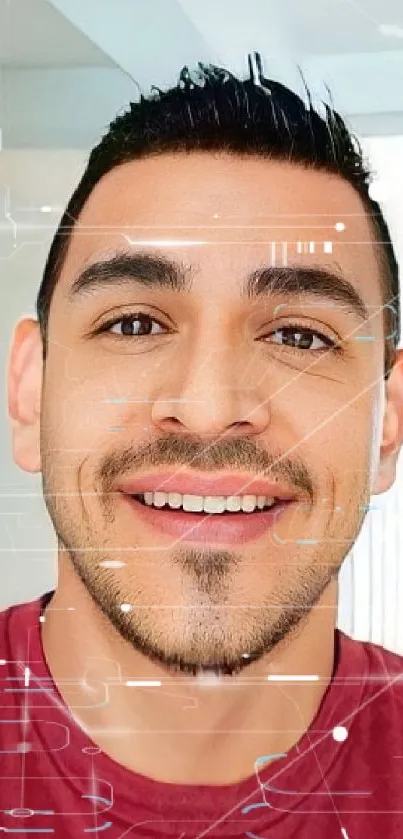 Cheerful man in red shirt smiling indoors.