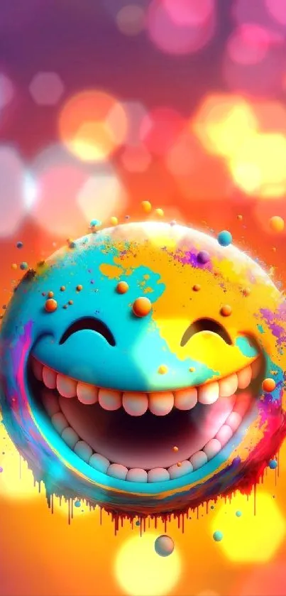 Vibrant smiley face with colorful splashes on a mobile wallpaper.
