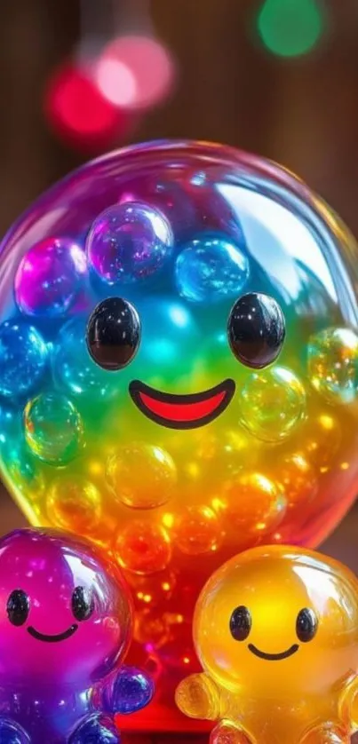 Colorful smiley blob characters with vibrant hues.