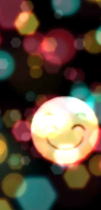 Vibrant wallpaper with smiling face and colorful bokeh lights.