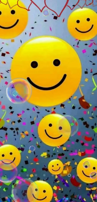 Yellow smiley faces with colorful confetti background.