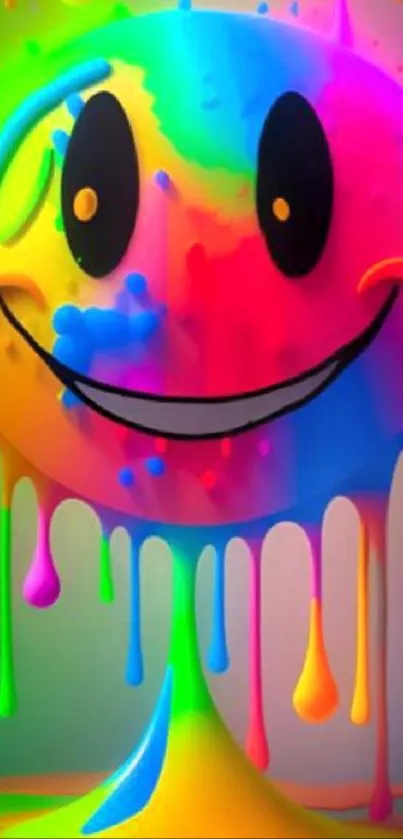 Vibrant smiley face with dripping rainbow paint.