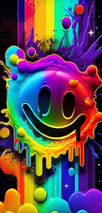 Colorful smiley face with rainbow drips on a black background.