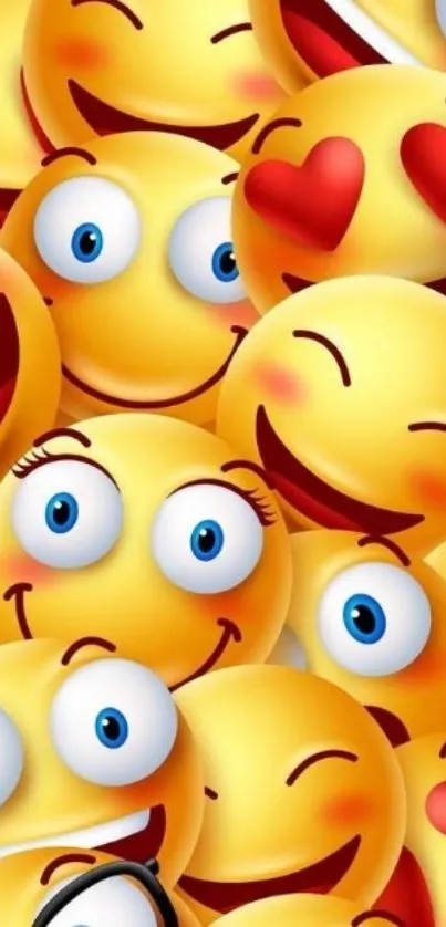 Collection of vibrant smiley emojis in yellow, showcasing cheerful expressions.