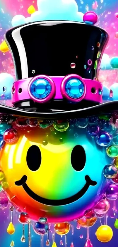 Colorful smiley face with top hat wallpaper.