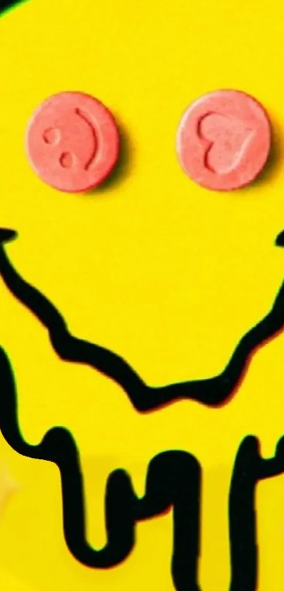 Smiley face with pink eyes and black drip art on a yellow background.