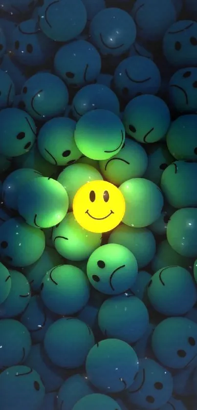 Vibrant yellow smiley face among blue emoticons on mobile wallpaper.