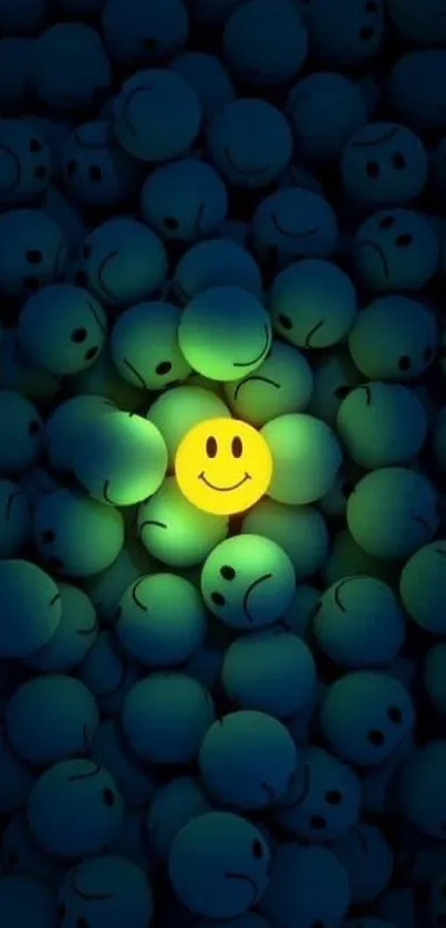 Cheerful yellow smiley face amidst dark blue balls.