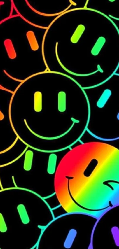 Vibrant neon smiley faces on black background, colorful and lively wallpaper.