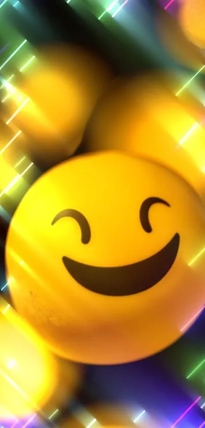 A vibrant yellow smiley face wallpaper with neon light streaks.