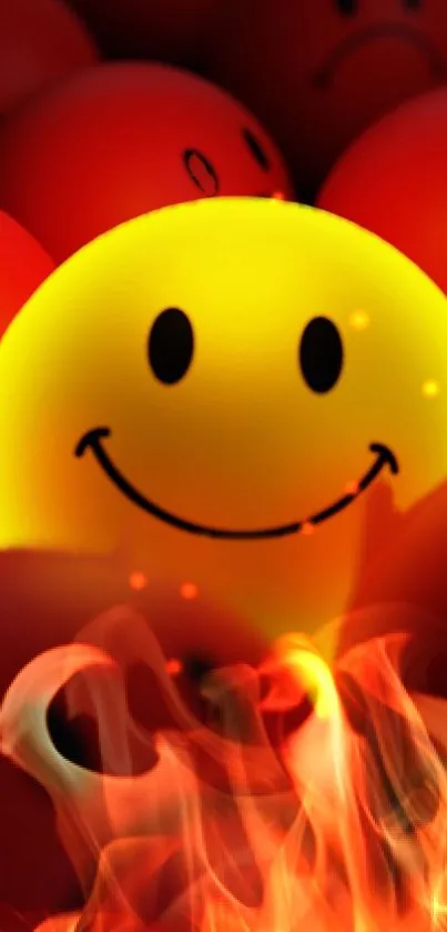 Vibrant yellow smiley face with red background and flames.