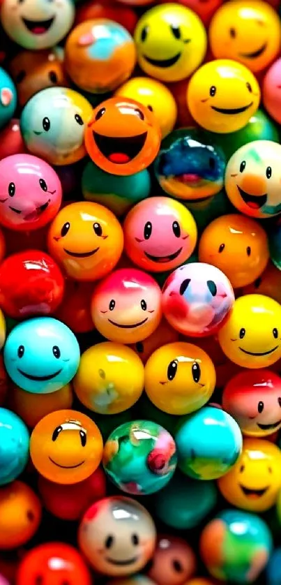 Vibrant smiley face spheres in a colorful wallpaper design.