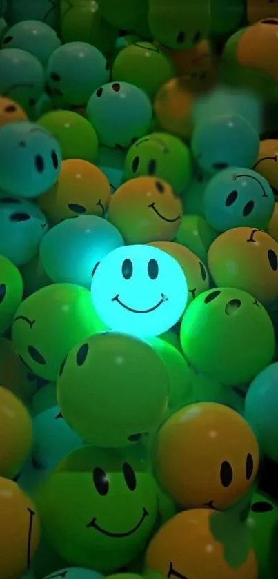 Cheerful wallpaper of smiley face balloons in vibrant colors.