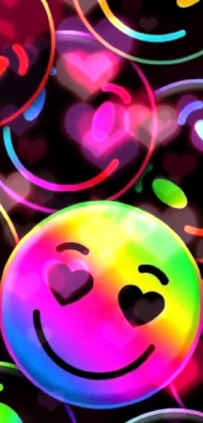 Vibrant rainbow smiley face wallpaper with heart eyes.