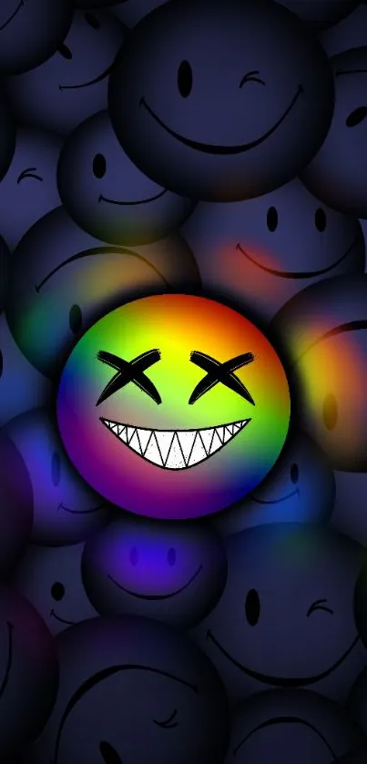 Colorful smiley face on dark emoji background.