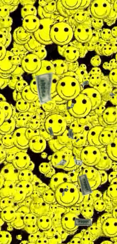 Wallpaper full of vibrant yellow smiley faces creating a cheerful design.