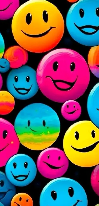 Bright smiley faces bubble wallpaper in vibrant colors.