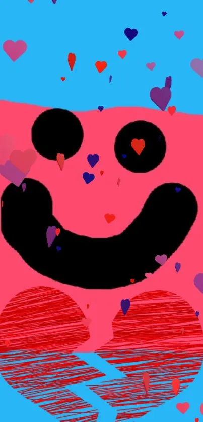 Bright pink smiley with hearts on a blue background, phone wallpaper.