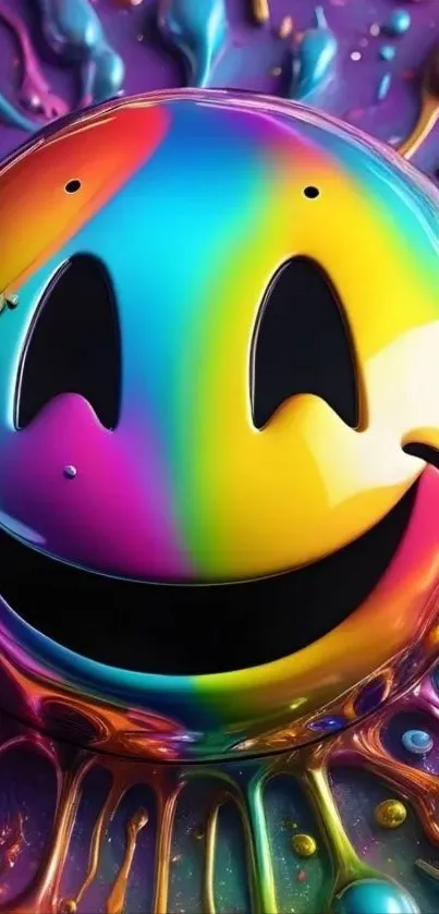 Vibrant rainbow smiley face with liquid art design.