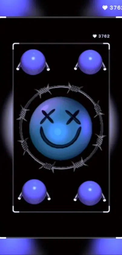 Edgy mobile wallpaper featuring a glowing blue smiley with barbed circle design.