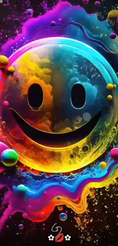 Vibrant neon smiley face wallpaper with colorful splashes.