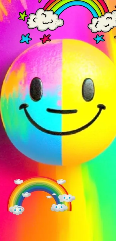 Colorful smiley face with rainbow background.