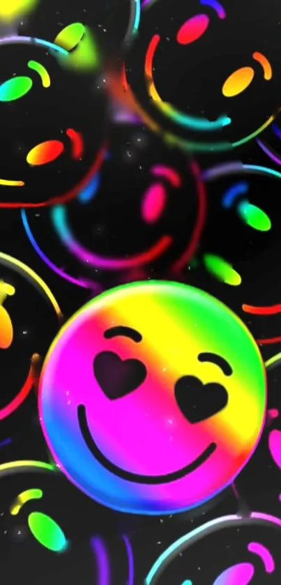 Vibrant rainbow smiley face with heart eyes on a mobile wallpaper.