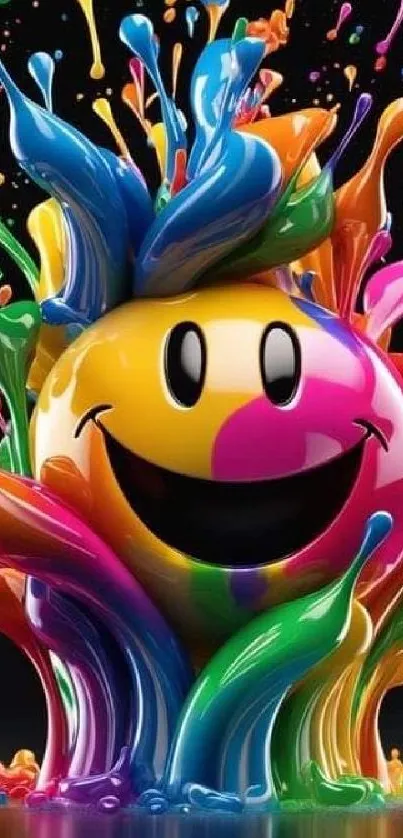 Vibrant smiley face with colorful paint splash on black background.