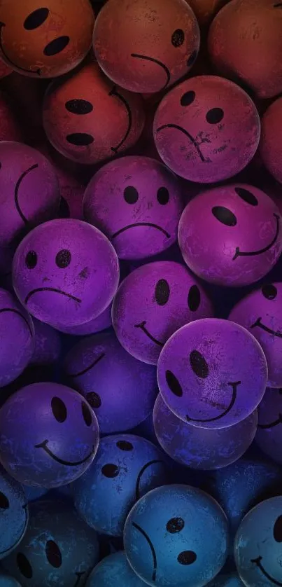 Colorful smiley faces wallpaper with a purple gradient effect.