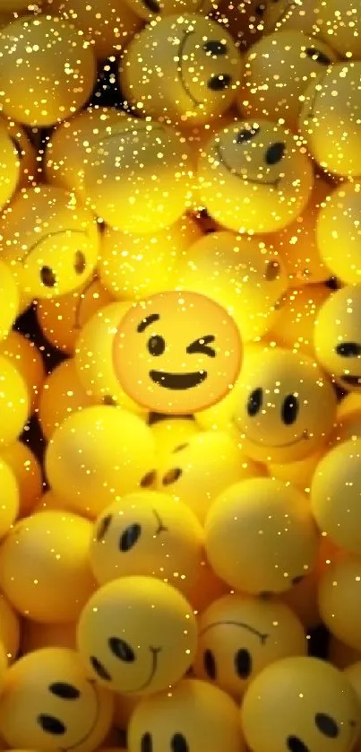 Winking emoji among yellow smiley faces on mobile wallpaper.