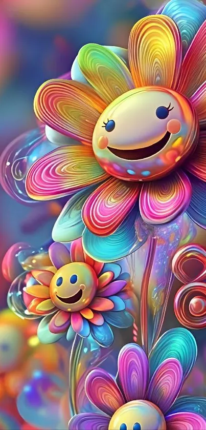 A vibrant and playful smiling flower art wallpaper with colorful petals.