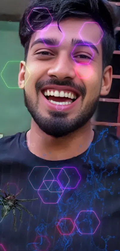 Smiling man with neon hexagons and holographic spider.