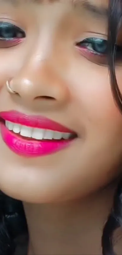 Close-up of a smiling person with vibrant pink lips.