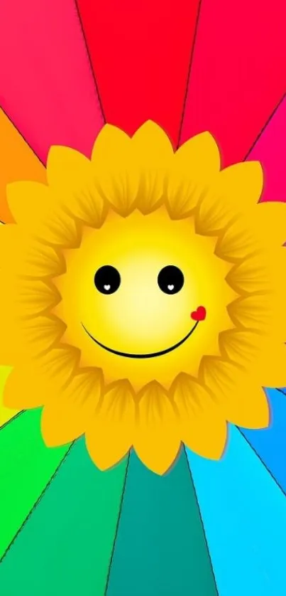 Mobile wallpaper with a smiling sunflower and rainbow background.